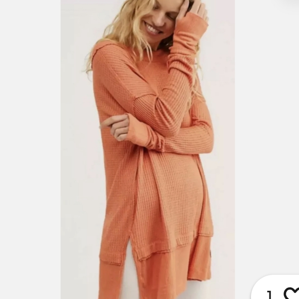 Free People North Shore Oversized Waffle Knit Thermal Top Size XS - Orange